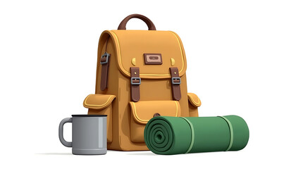 Fototapeta premium Cartoon Camping Backpack Mug and Sleeping Pad 3D Illustration for Outdoor Adventures and Travel