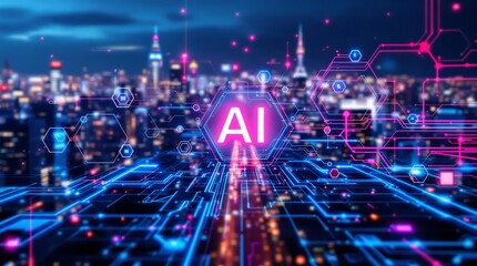 Artificial intelligence ai neon sign over city skyline with digital network connections