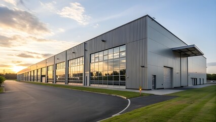 Fototapeta premium Modern Industrial Warehouse Exterior at Sunset with Large Loading Bays and Glass Facade