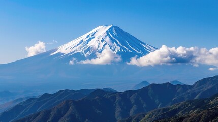Iconic view of Mount Fuji, Japan's highest peak with a snow-capped conical summit, surrounded by cherry blossoms in spring, vibrant autumn foliage, and the serene waters of Lake Kawaguchi reflecting i