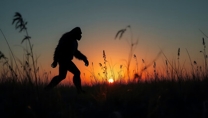 Silhouette of a Bigfoot Creature Walking at Sunset A Dramatic and Mysterious Nature Scene