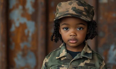 Young Black child wearing a camouflage army soldier uniform as part of a war soldier Halloween costume, showcasing creative and inclusive Halloween costumes that allow children, Generative AI