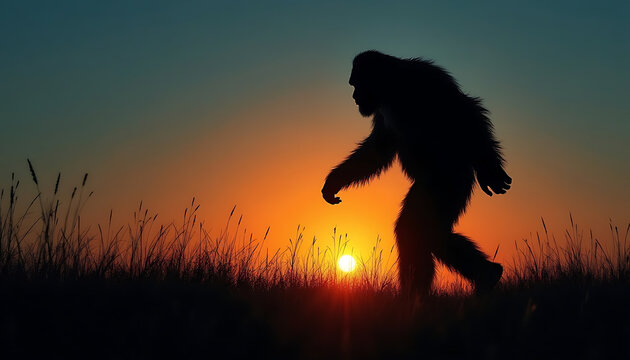 Silhouette of Mysterious Creature Against Sunset Sky Artistic Illustration Mystical Scene Bigfoot Sasquatch