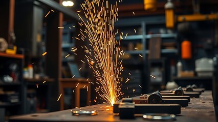 A close-up of a metal workshop with glowing sparks and dramatic lighting.