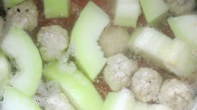Boiling Winter Melon Soup with Minced Pork Meatball. Asian food