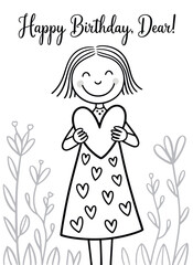 Hand drawn illustration of a girl holding a heart with happy birthday dad text