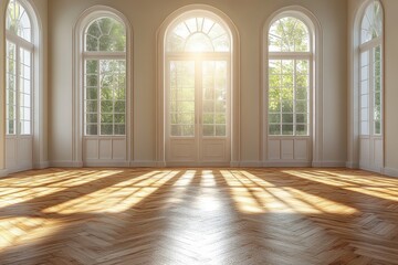 Obraz premium A sunlit room with large windows and wooden flooring, creating a warm, inviting atmosphere.