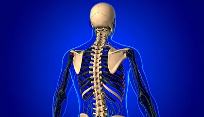 3D anatomical illustration of the human back, highlighting skeletal and vascular systems