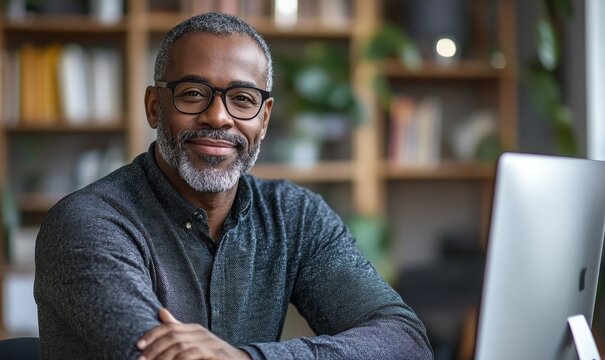 Candid Black businessman entrepreneur working remotely, having a virtual video call meeting from home at his computer. This scenario highlights a flexible, inclusive, and diverse, Generative AI