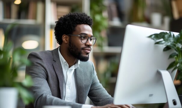 Candid Black businessman entrepreneur working remotely, having a virtual video call meeting from home at his computer. This scenario highlights a flexible, inclusive, and diverse, Generative AI - Powered by Adobe