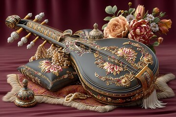 Ornate classical violin with floral design high resolution image