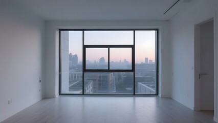 Modern Apartment Interior with Large Window Overlooking Cityscape