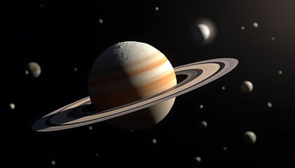 Digital Render of a Ringed Planet in Space Exploration Theme with Planets and Stars in the Galaxy