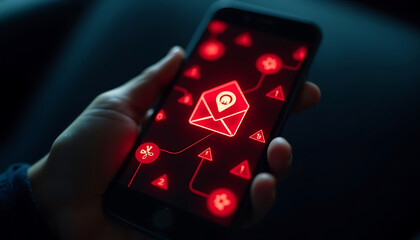 Red Alert Digital Security Threat Showing Illuminated Icons on a Smartphone Device Illustrative Style