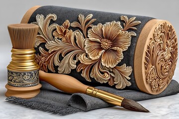 Ornate textile printing roller with brush high resolution image