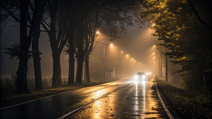 Night road with fog and car headlights driving through a dark and misty forest landscape scene at night