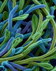 Obraz premium High-resolution false-color SEM image of aligned electrospun nanofibers, smooth surface, colored in a blue-green gradient