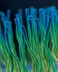 High-resolution false-color SEM image of aligned electrospun nanofibers, smooth surface, colored in a blue-green gradient