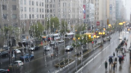 Raindrops on glass overlooking a city street with cars and pedestrians during a rainy day scene view