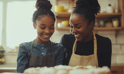 Black African American mother and daughter baking and bonding together, showcasing a candid, joyful family moment while emphasizing the importance of quality family time, Generative AI
