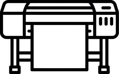 Illustration of a large format printer with paper roll on a light gray background in a simple line art style