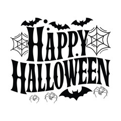 happy halloween black and white svg design with bats, spider, pumpkin face and decorative spooky typography for t-shirt or print
