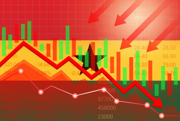 Ghana Economy. Flag of Ghana with Falling Financial Graph. Economic Crisis and Global Recession Concept. Vector Illustration.  