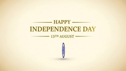 Elegant golden typography for Happy Independence Day India on 15th August. Festive greeting card design with Ashoka Chakra on a beige background.