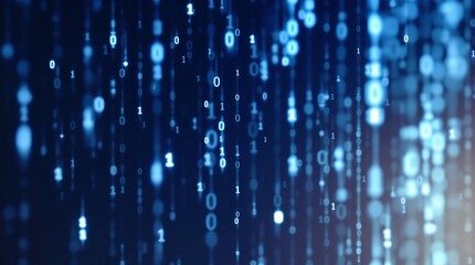 Abstract digital background with falling binary code illuminated in blue tones and blurred effect