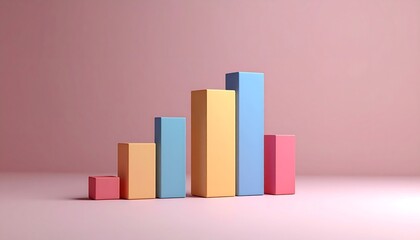 Colorful 3D bar graph ascending then descending slightly on pink background