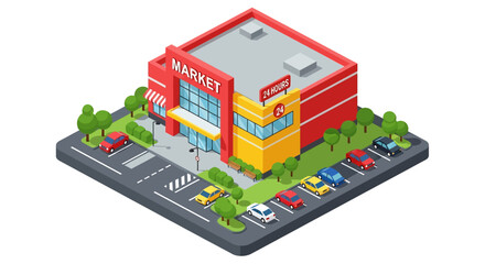Adobe Illustrator artwork 3D isometric view of a 24-hour market building with parking spaces, cars, shopping carts, and surrounding trees. Ideal for retail and urban convenience themes
