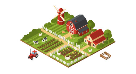 Adobe Illustrator artwork 3D isometric view of a charming farm scene with a house, barn, windmill, tractor, cows, chickens, and cultivated fields. Ideal for agriculture and rural life themes © meeblues
