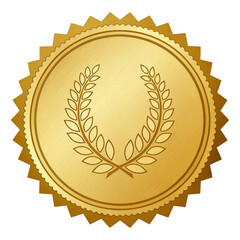 Shiny golden medal with twin leaf emblems on embossed sunburst pattern
