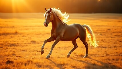 A majestic horse gallops across a golden field, its mane catching the warm glow of sunset light.