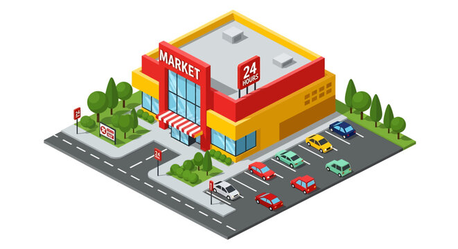 Adobe Illustrator artwork 3D isometric view of a 24-hour market building with parking spaces, cars, shopping carts, and surrounding trees. Ideal for retail and urban convenience themes