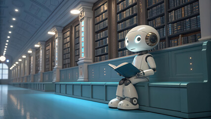 Robot reading book in library ai learning concept future technology and artificial intelligence study