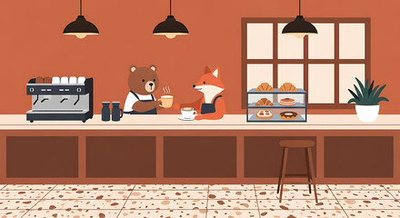 Charming animal-themed cafe scene featuring a bear barista and fox customer enjoying coffee and