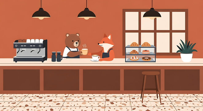 Charming animal-themed cafe scene featuring a bear barista and fox customer enjoying coffee and