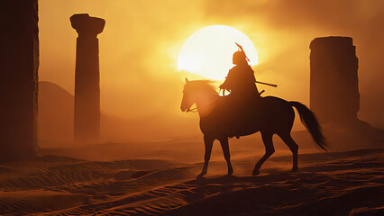 Warrior on Horseback at Sunset in the Desert