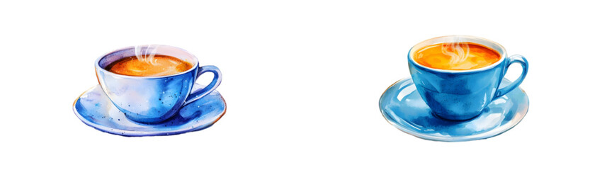 Artistic watercolor of a steaming coffee cup on a saucer, capturing warmth and coziness, perfect for morning beverage-themed designs. isolated