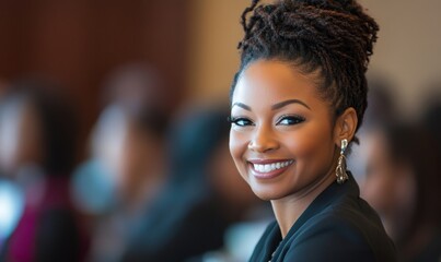 Candid Black African American businesswoman at a conference, inspiring others as a female leader, promoting inclusion, diversity, and representation in the professional world, Generative AI