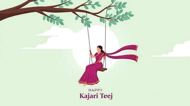 A beautiful Indian woman in a traditional sari celebrating the Kajari Teej festival by swinging on a jhula under a tree, a vector illustration.