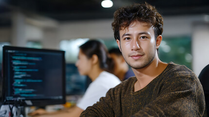 Young programmer working on coding projects in modern office environment collaborative workspace focused atmosphere