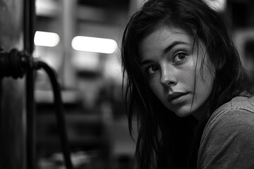Female worker in a manufacturing facility feeling vulnerable and intimidated by her superior manager, facing inappropriate behavior in the workplace. Highlighting the importance, Generative AI
