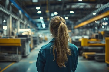 Female worker in a manufacturing facility feeling vulnerable and intimidated by her superior manager, facing inappropriate behavior in the workplace. Highlighting the importance, Generative AI