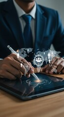 Business professional using stylus on digital world map. Global strategy and targeting concept with human icons.