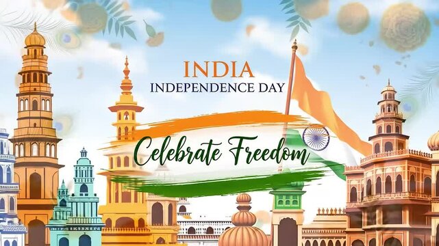 Vibrant illustration celebrating India Independence Day on August 15th, featuring historical monuments, the waving tricolor flag, and a 'Celebrate Freedom' message.