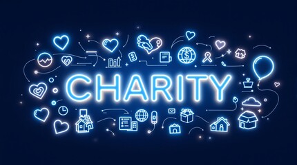 Glowing charity text surrounded by heart icons and donation related symbols on a dark blue background