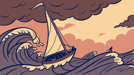 Illustration of sailboat sailing through stormy sea waves and dark clouds in a dramatic ocean scene