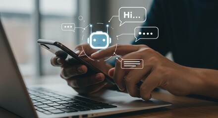 Person interacting with smartphone chatbot. Modern AI communication with speech bubbles and robot icon.